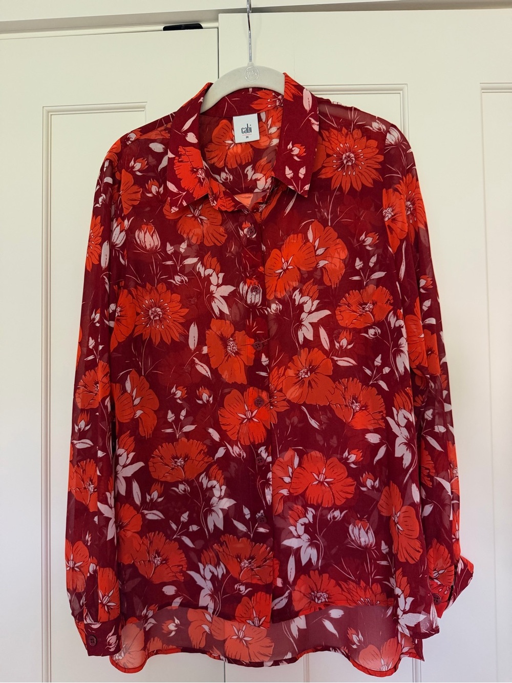 CAbi Red Floral Button-Down Blouse with Orange Blooms